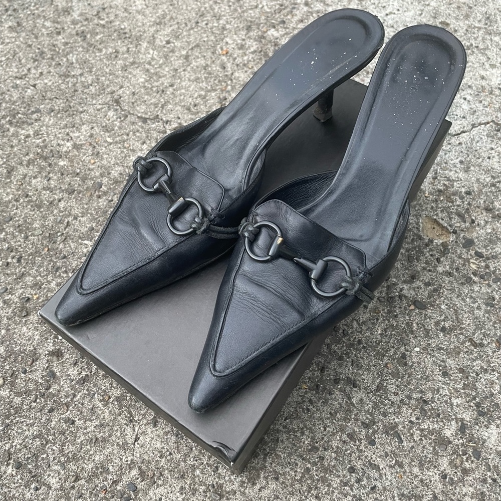 SOLD Gucci Black Leather Buckle Mules 40